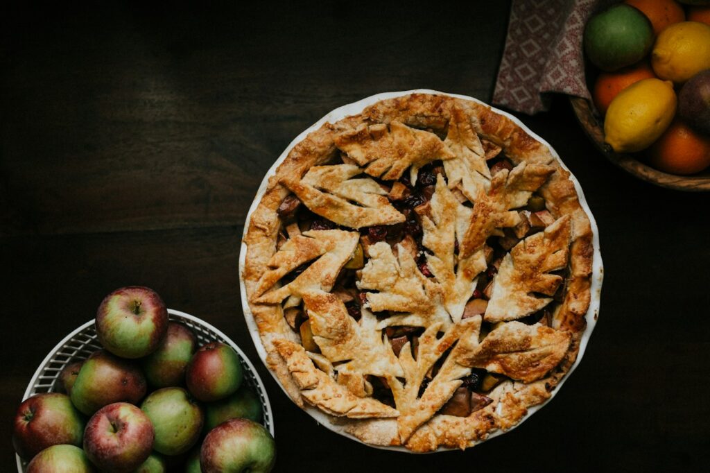 A golden pie on a white plate